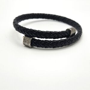 Alex and Ani Black Leather Wrap Bracelet Silver Hardware Signed